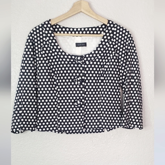 💚5/$25 Spense Black & White Polka Dot Cropped 3/4 Sleeve Jacket Size Small - Picture 1 of 5
